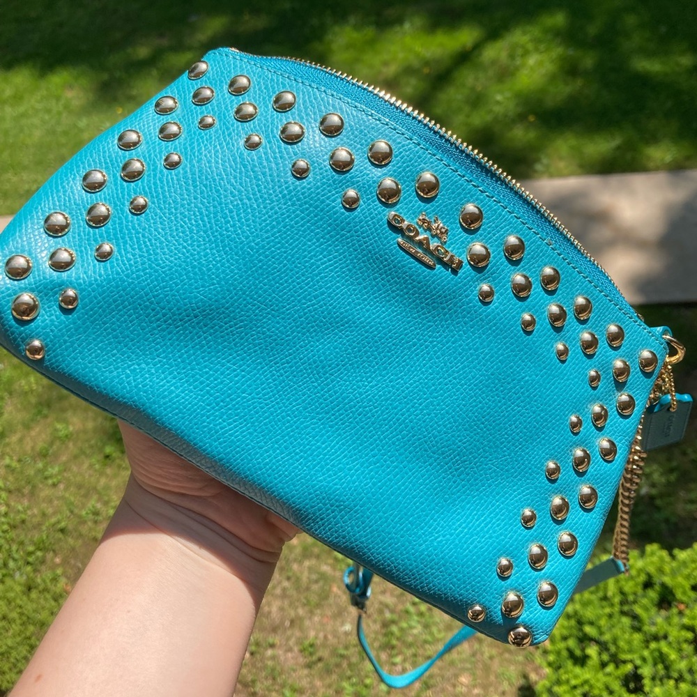 Coach Quinn Teal Blue Metal Bubble Studded Soft Leather Small Crossbody Purse - Picture 6 of 17